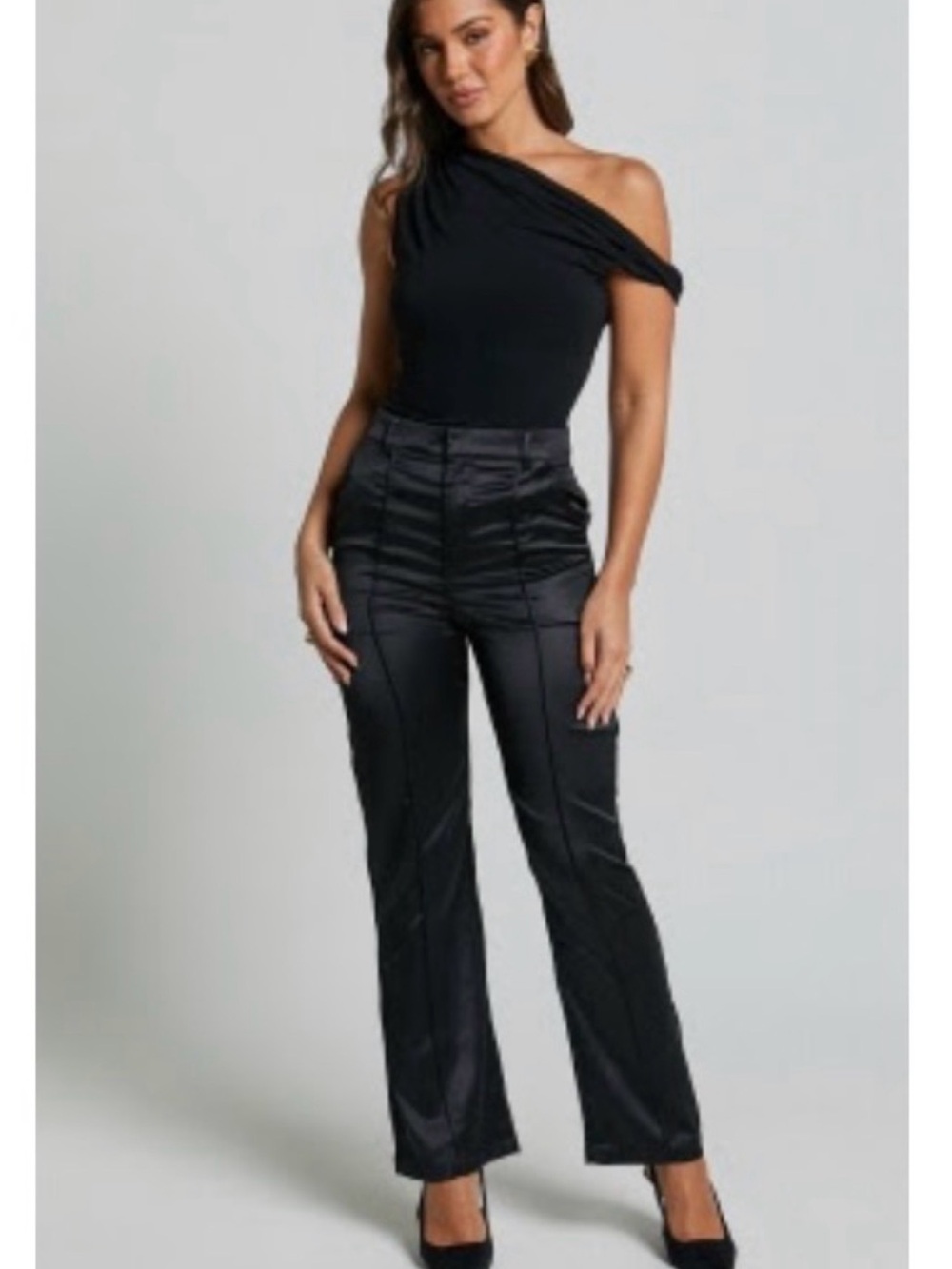 High-Waist Black Satin Straight-Leg Pants